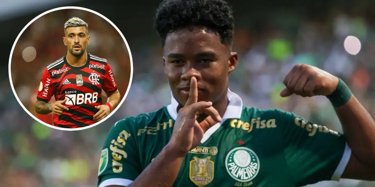 Arrascaeta no Flamengo e Endrick comemorando pelo Palmeiras