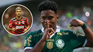 Arrascaeta no Flamengo e Endrick comemorando pelo Palmeiras