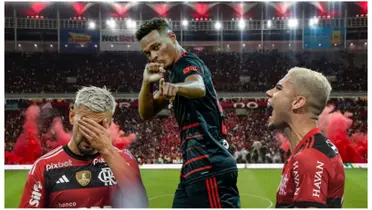 Arrascaeta, Rodrigo Muniz e Andreas Pereira com a camisa do Flamengo