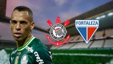 Breno Lopes triste com a camisa do Palmeiras e os escudos do Corinthians e Fortaleza