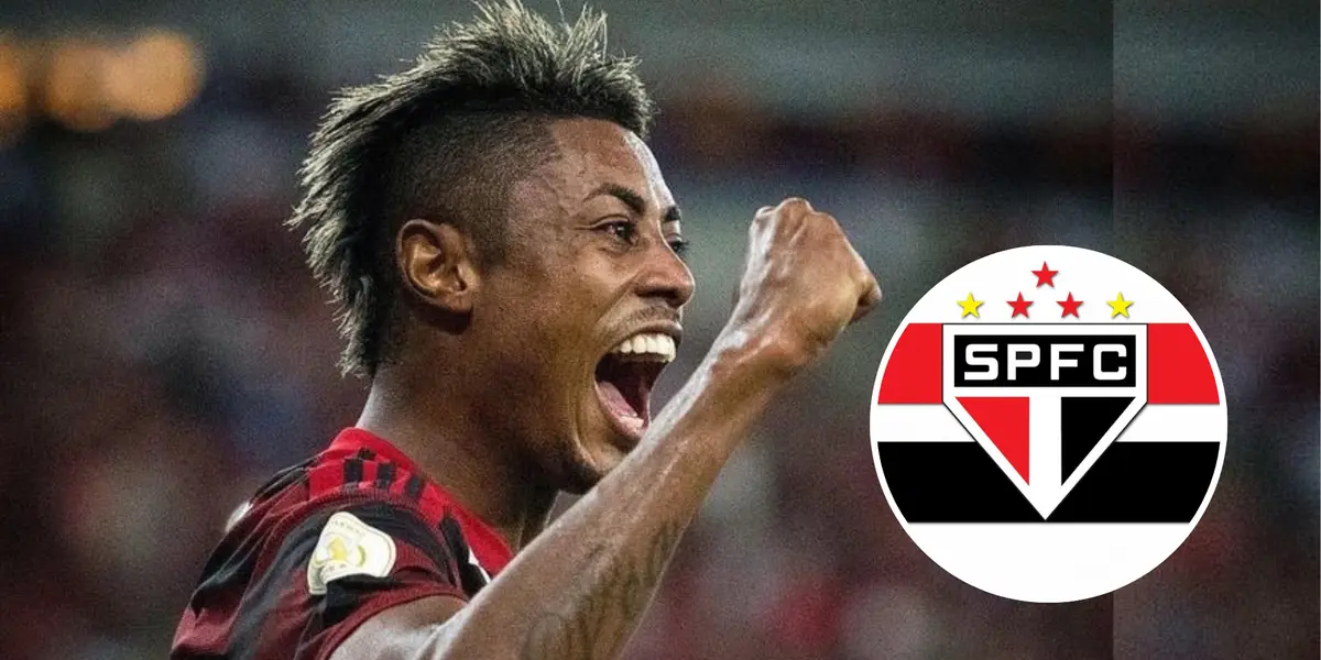 Bruno Henrique e o escudo do São Paulo ao lado