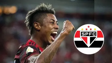 Bruno Henrique e o escudo do São Paulo ao lado