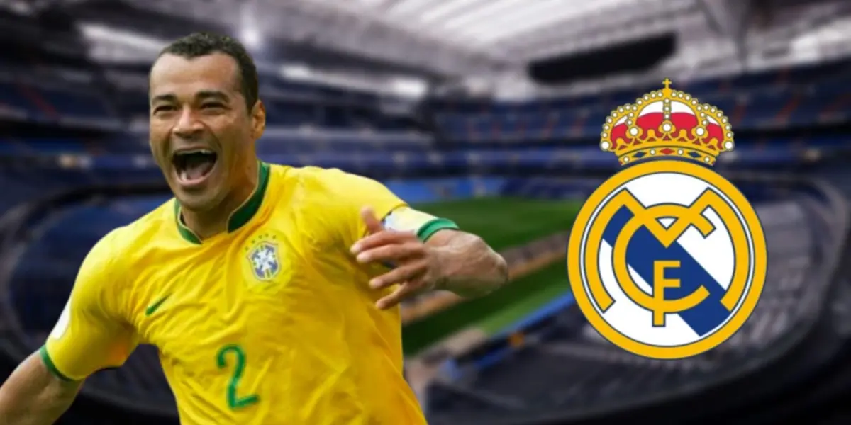 Cafu com a camisa da Seleção Brasileira com fundo do Santiago Bernabéu, Real Madrid.