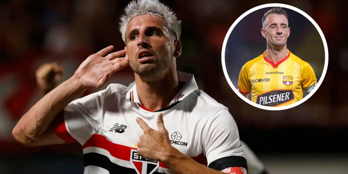 Calleri comemorando pelo São Paulo e Damián Díaz em ação pelo Barcelona SC