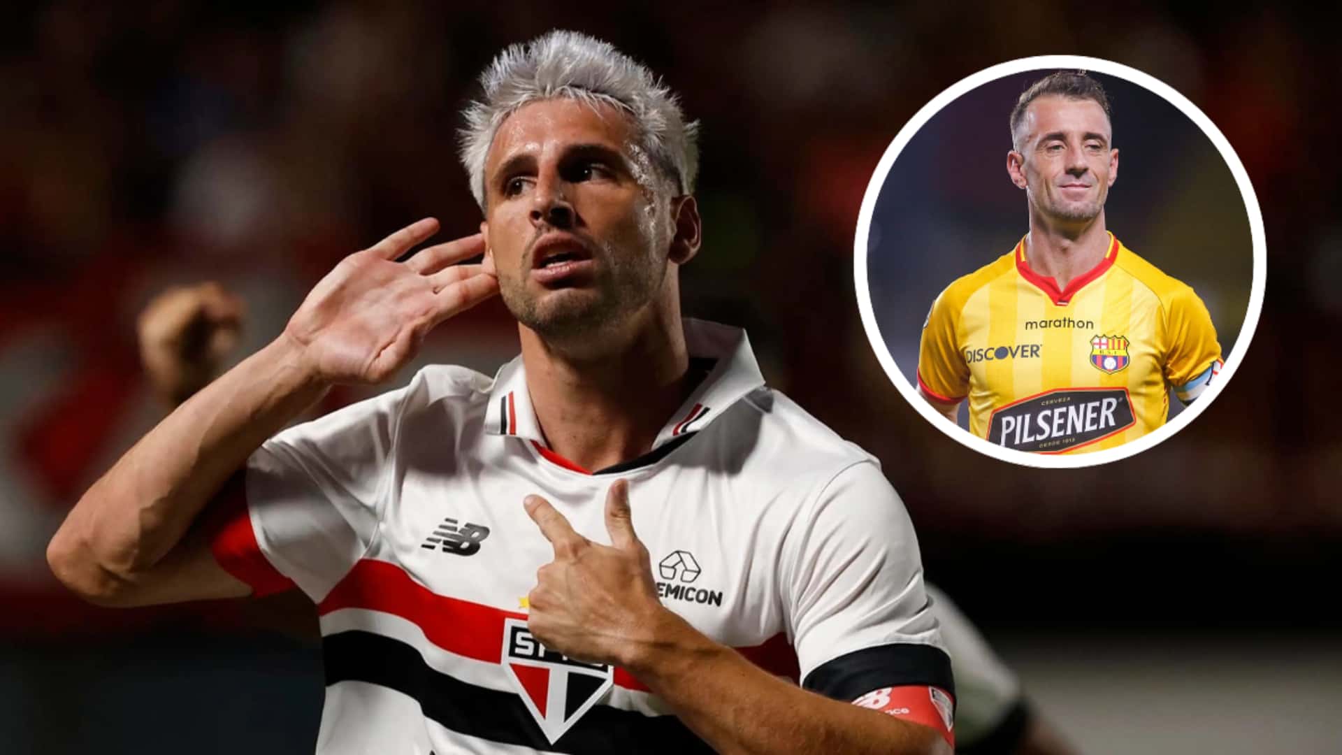 Calleri comemorando pelo São Paulo e Damián Díaz em ação pelo Barcelona SC