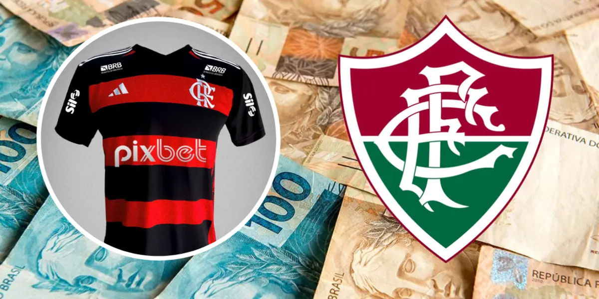 Camisa do Flamengo patrocinada pela PixBet ao lado do emblema do Fluminense
