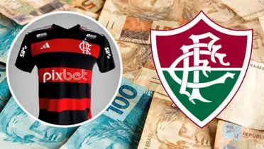 Camisa do Flamengo patrocinada pela PixBet ao lado do emblema do Fluminense