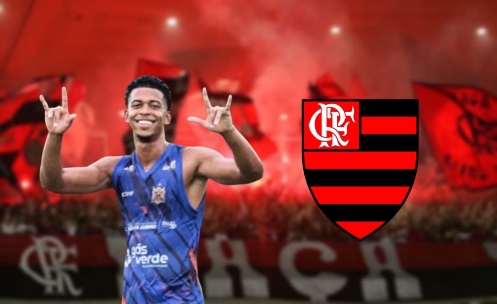 Carlinhos com a camisa do Nova Iguaçu e o escudo do Flamengo