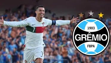 Cristiano Ronaldo com a camisa de Portugal e o escudo do Grêmio