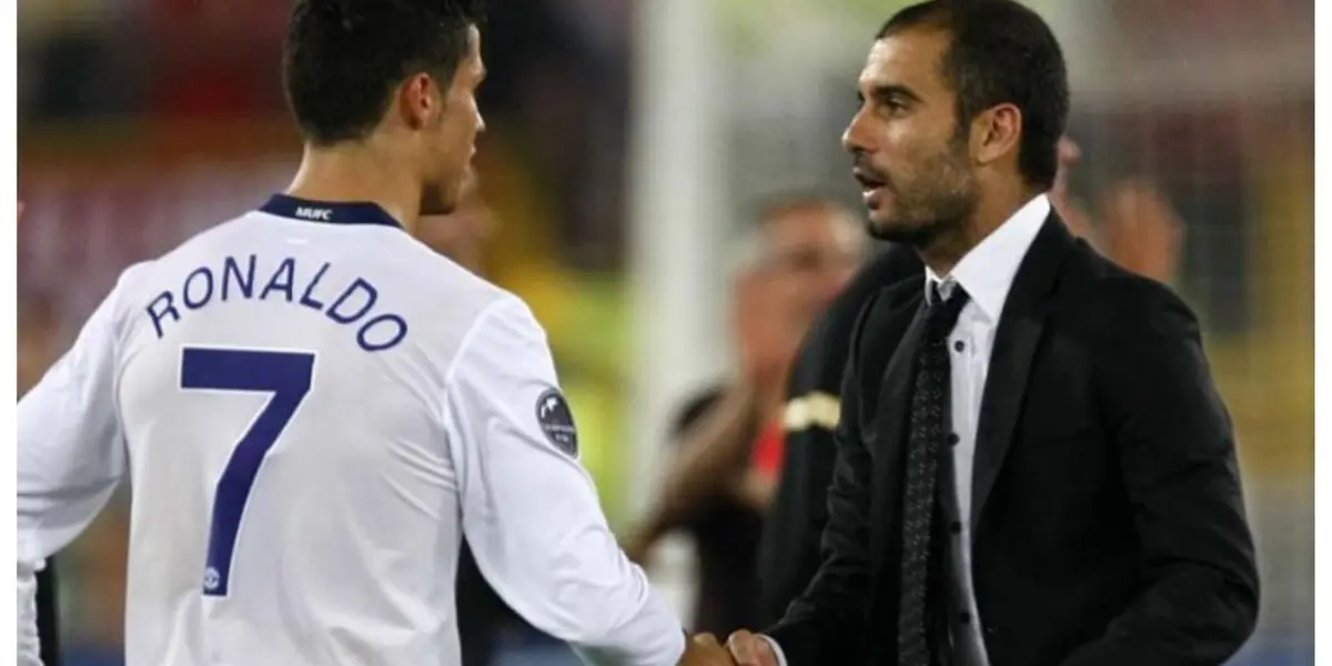 Cristiano Ronaldo com a camisa do Manchester United e Guardiola com terno