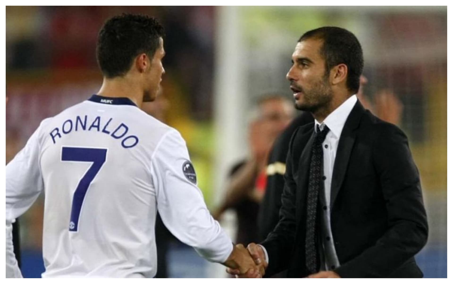 Cristiano Ronaldo com a camisa do Manchester United e Guardiola com terno