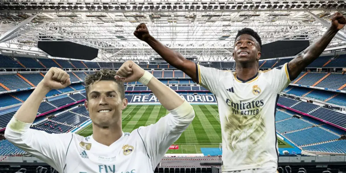 Cristiano Ronaldo e Vini Jr vestidos de Real Madrid no Santiago Bernabéu.