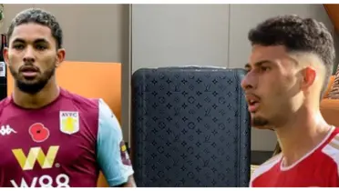 Douglas Luiz com a camisa do Aston Villa e Gabriel Martinelli com a camisa do Arsenal