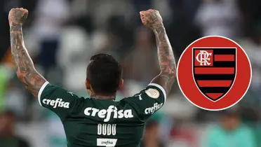 Dudu e ao lado o escudo do Flamengo