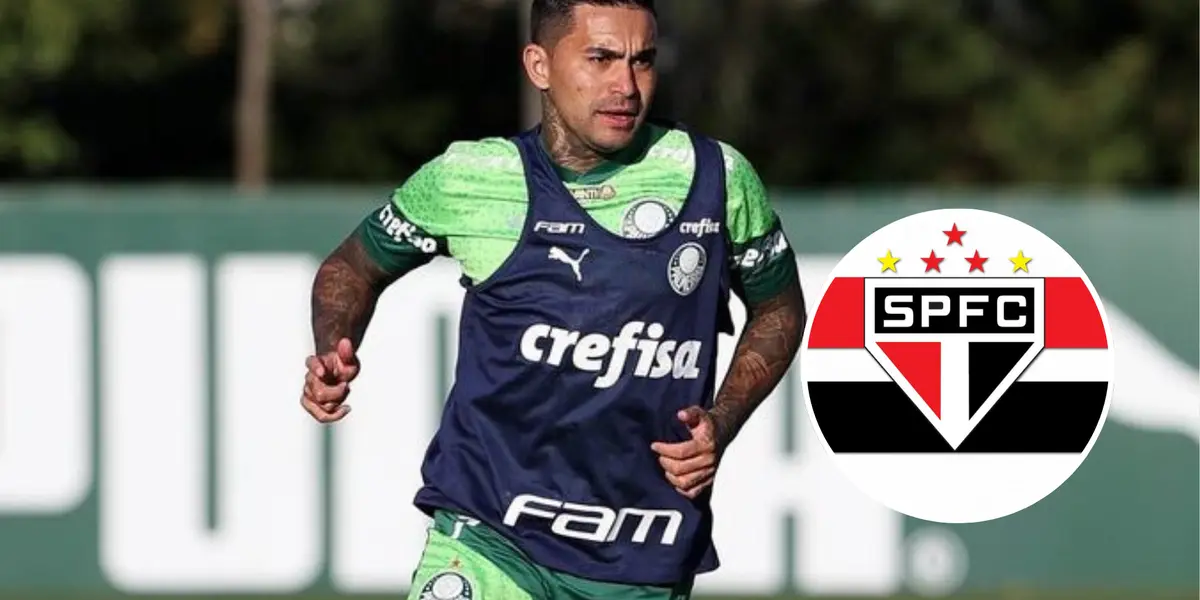 Dudu e ao lado o escudo do São Paulo