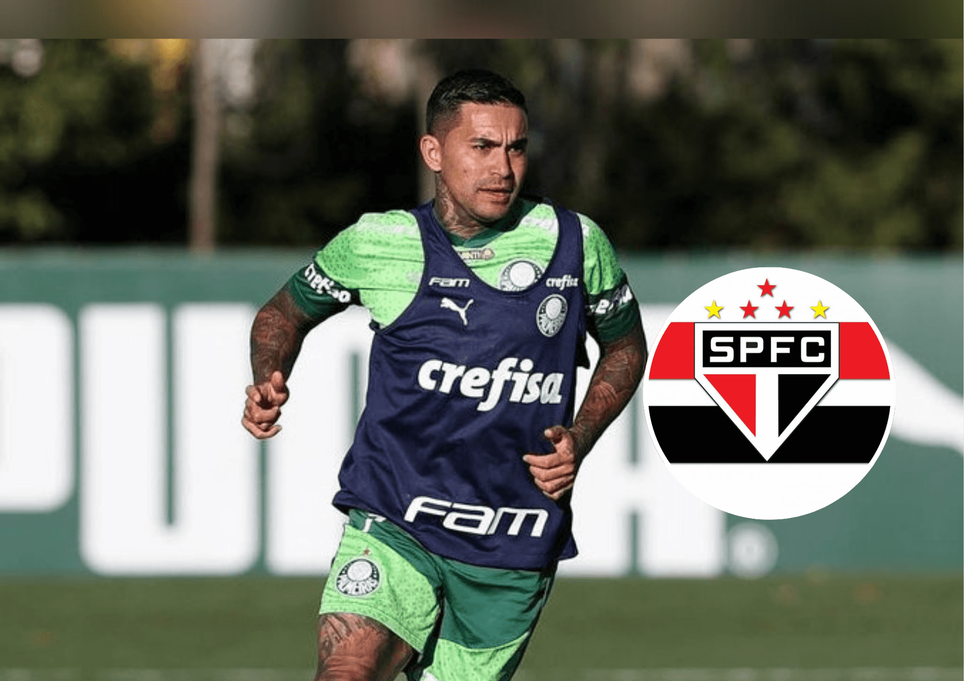 Dudu e ao lado o escudo do São Paulo