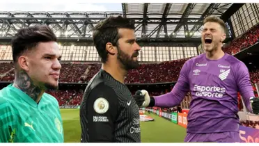 Ederson com a camisa do Manchester City, Alisson com a camisa do Liverpool e Bento com a camisa do Athletico-PR