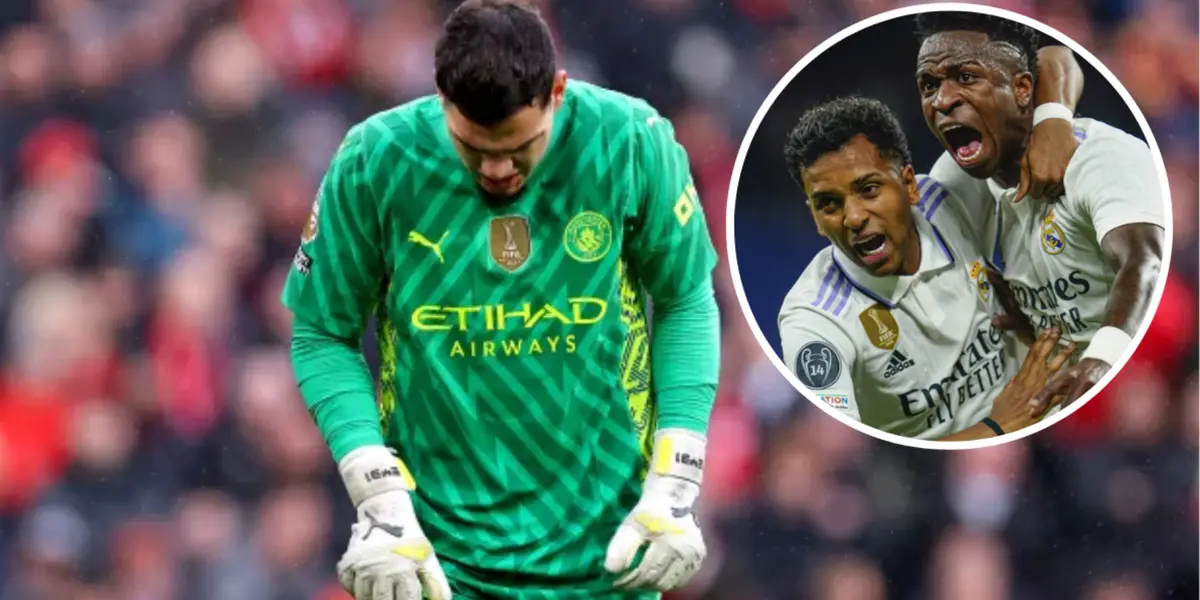 Ederson com a camisa do Manchester City ao lado de Vini Jr e Rodrigo no Real Madrid