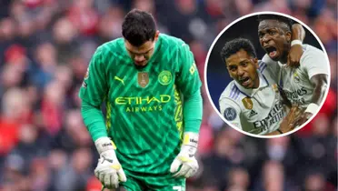 Ederson com a camisa do Manchester City ao lado de Vini Jr e Rodrigo no Real Madrid