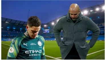 Ederson com a camisa do Manchester City e Guardiola