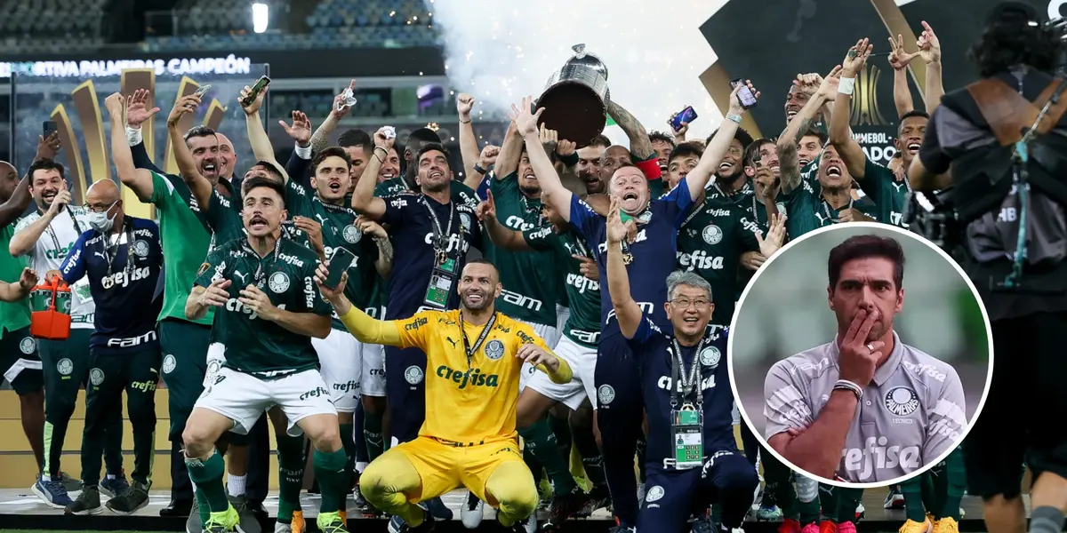 Elenco do Palmeiras e Abel Ferreira com a camisa do Palmeiras