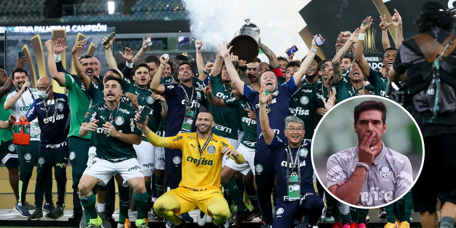 Elenco do Palmeiras e Abel Ferreira com a camisa do Palmeiras