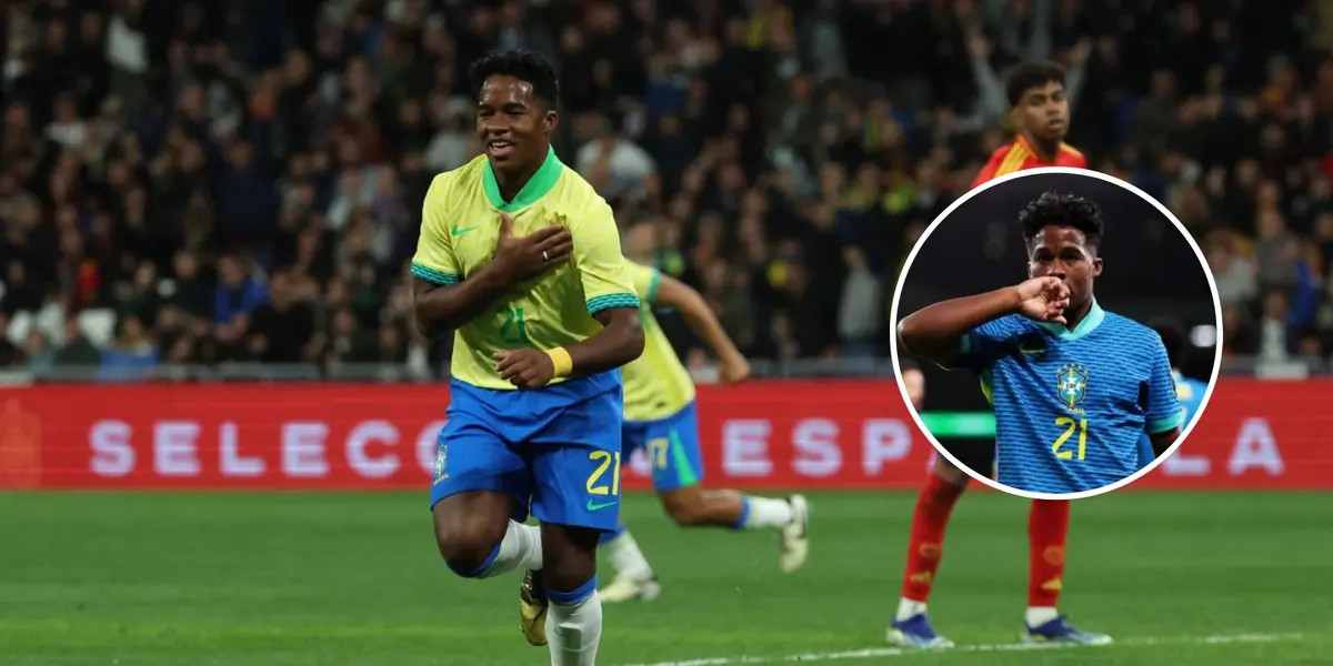 Endrick com a camisa amarela e azul da Seleção Brasileira