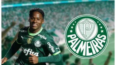 Endrick com a camisa do Palmeiras e o escudo do Palmeiras