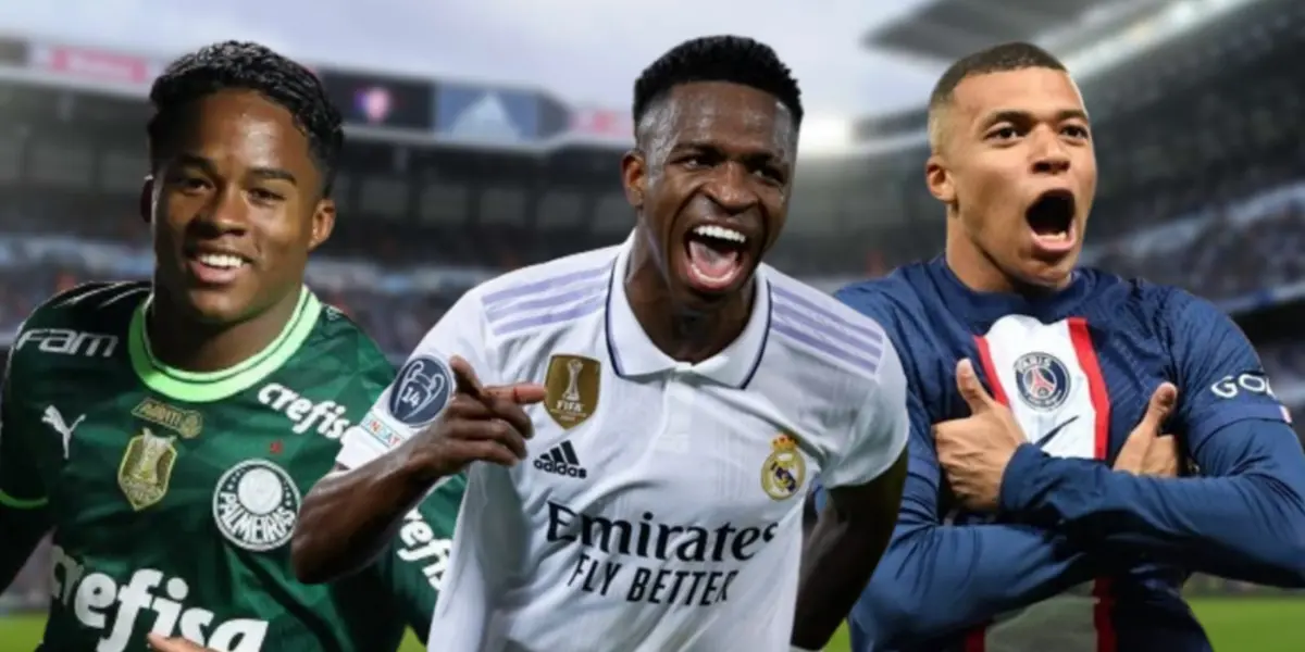Endrick com a camisa do Palmeiras, Vini com a camisa do Real e Mbappé com a camisa do PSG