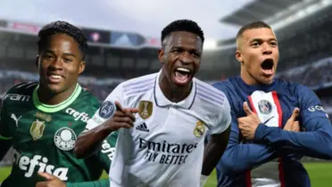 Endrick com a camisa do Palmeiras, Vini com a camisa do Real e Mbappé com a camisa do PSG