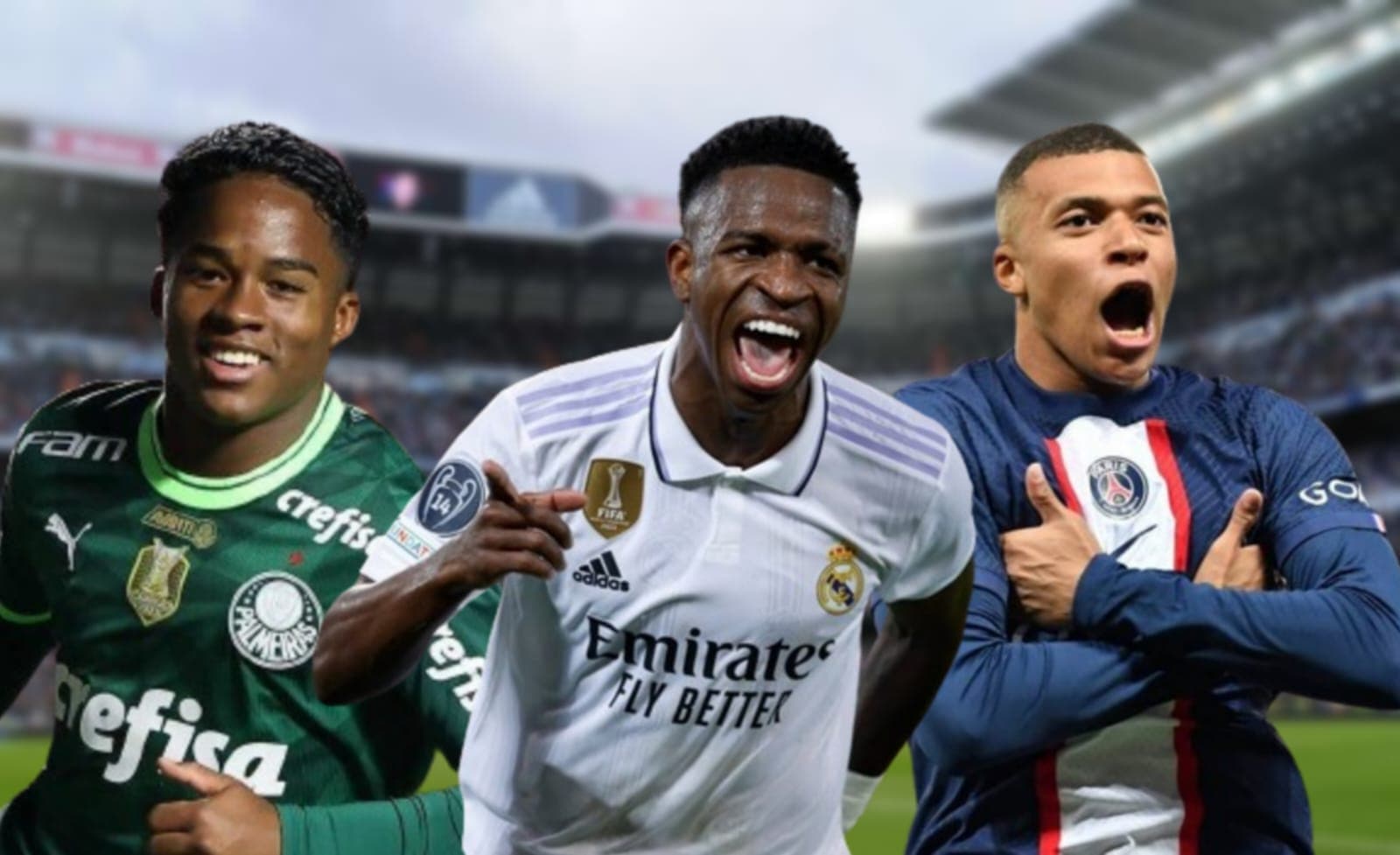 Endrick com a camisa do Palmeiras, Vini com a camisa do Real e Mbappé com a camisa do PSG