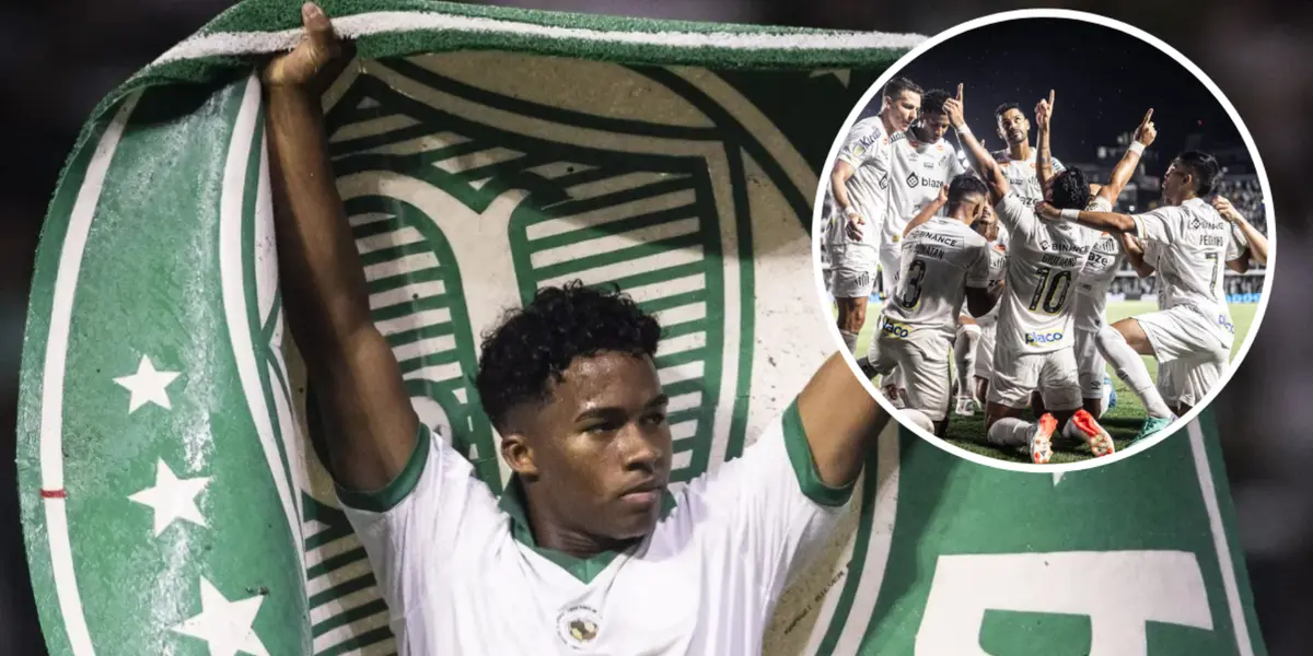 Endrick comemorando pelo Palmeiras e elenco do Santos festejando no gramado