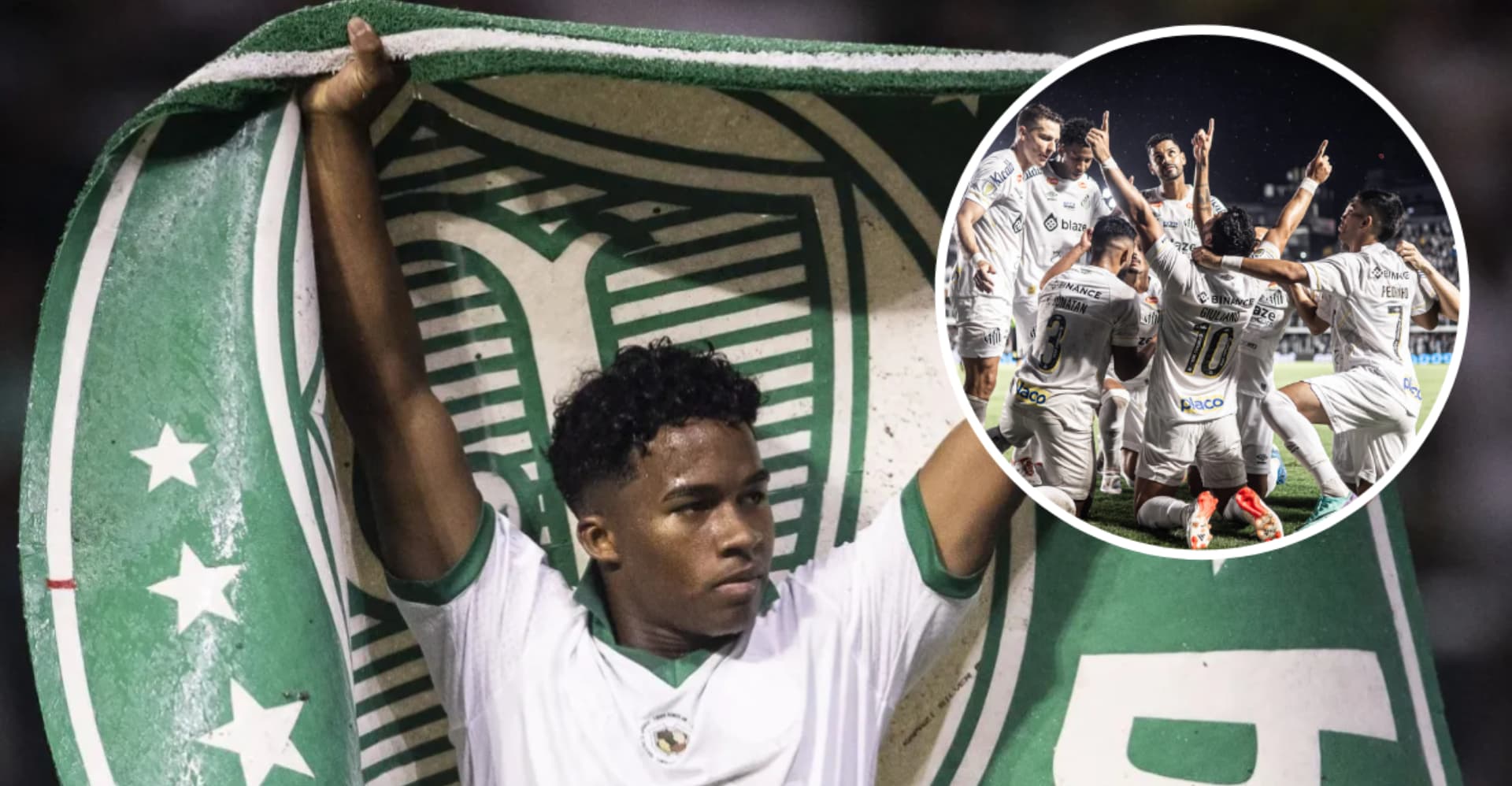 Endrick comemorando pelo Palmeiras e elenco do Santos festejando no gramado