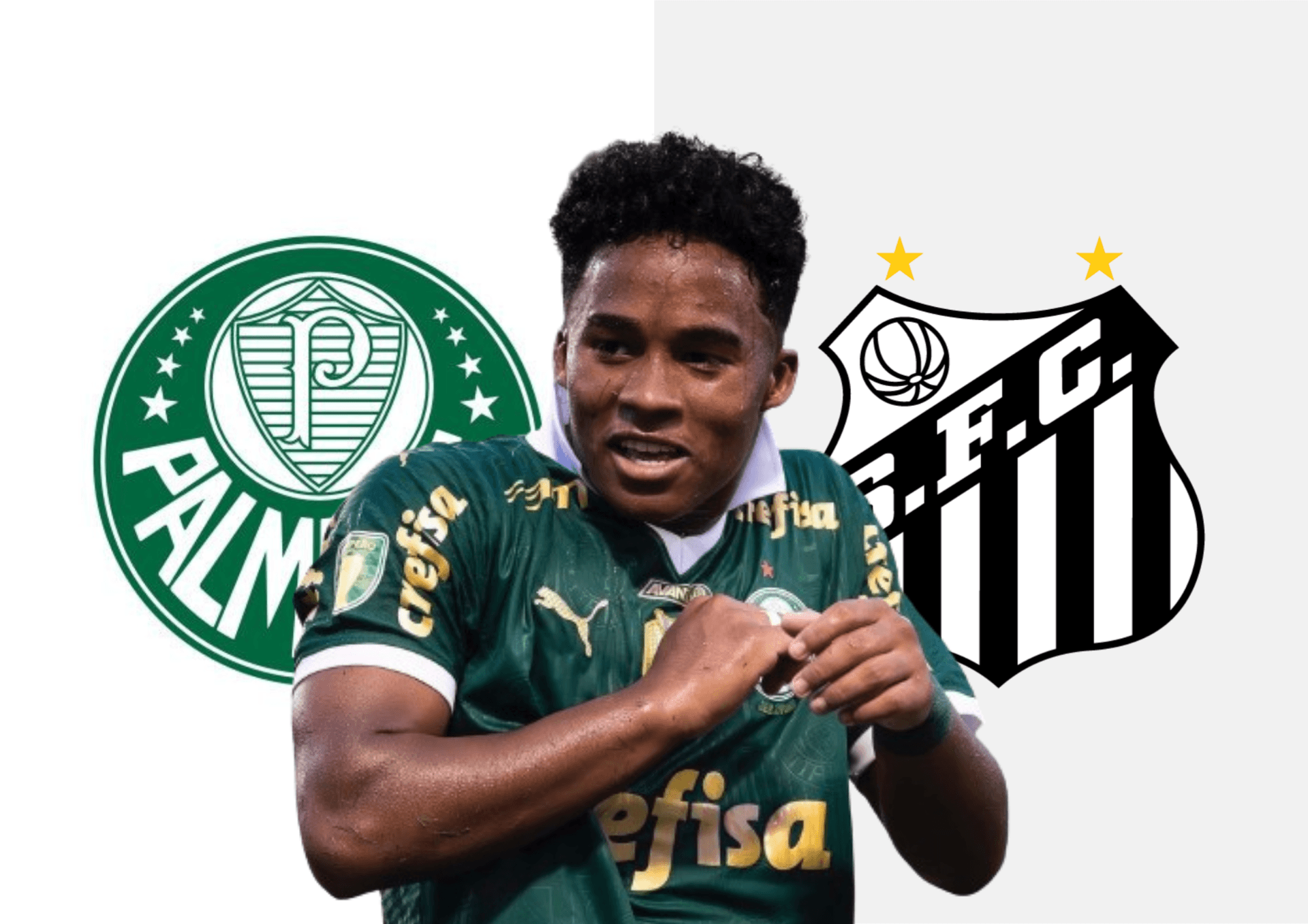 Endrick e os escudos do Santos e do Palmeiras