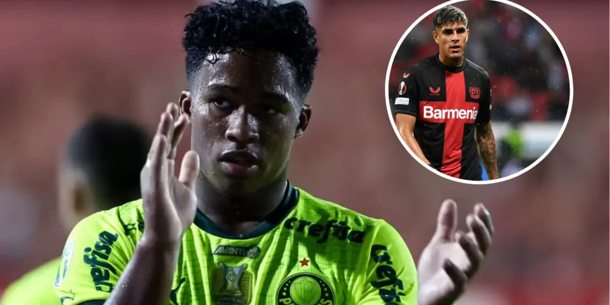 Endrick em ação pelo Palmeiras e Piero Hincapié com a camisa do Leverkusen