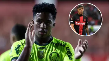 Endrick em ação pelo Palmeiras e Piero Hincapié com a camisa do Leverkusen