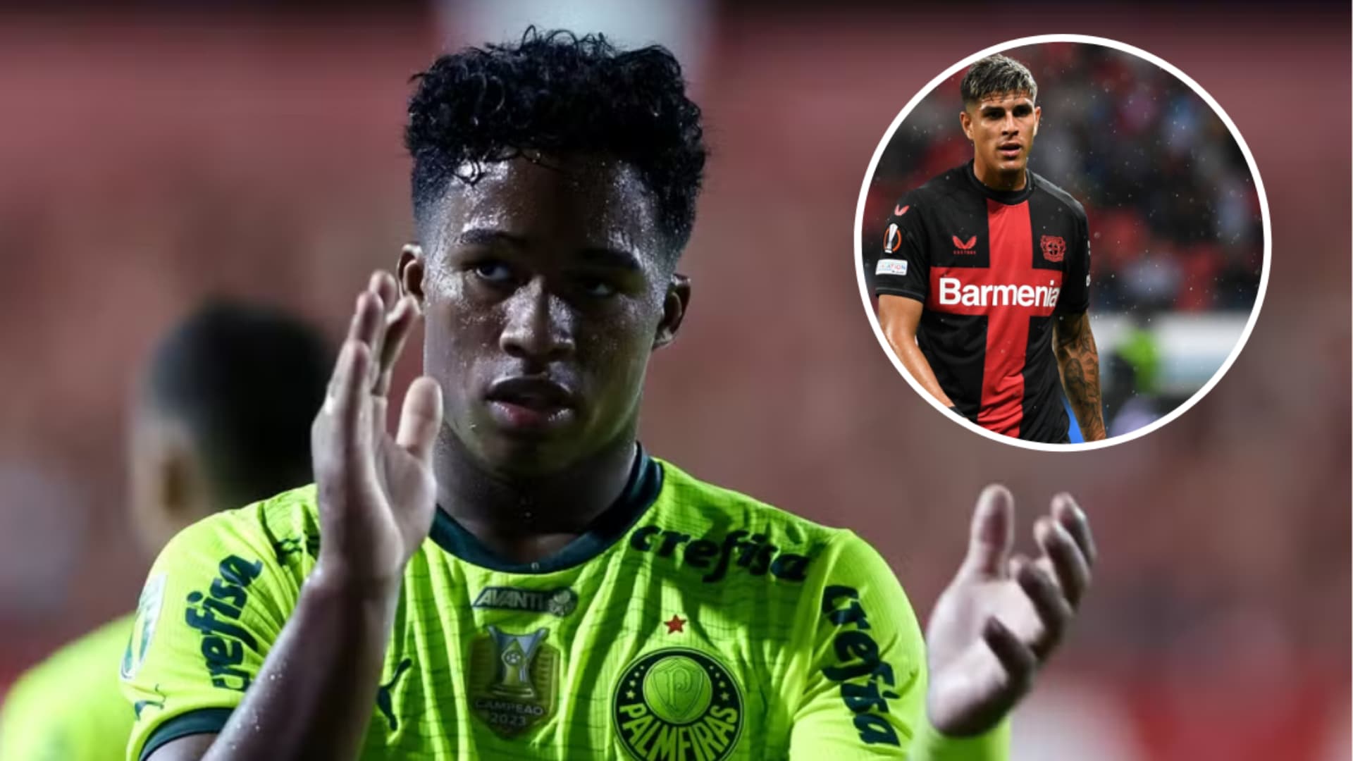 Endrick em ação pelo Palmeiras e Piero Hincapié com a camisa do Leverkusen