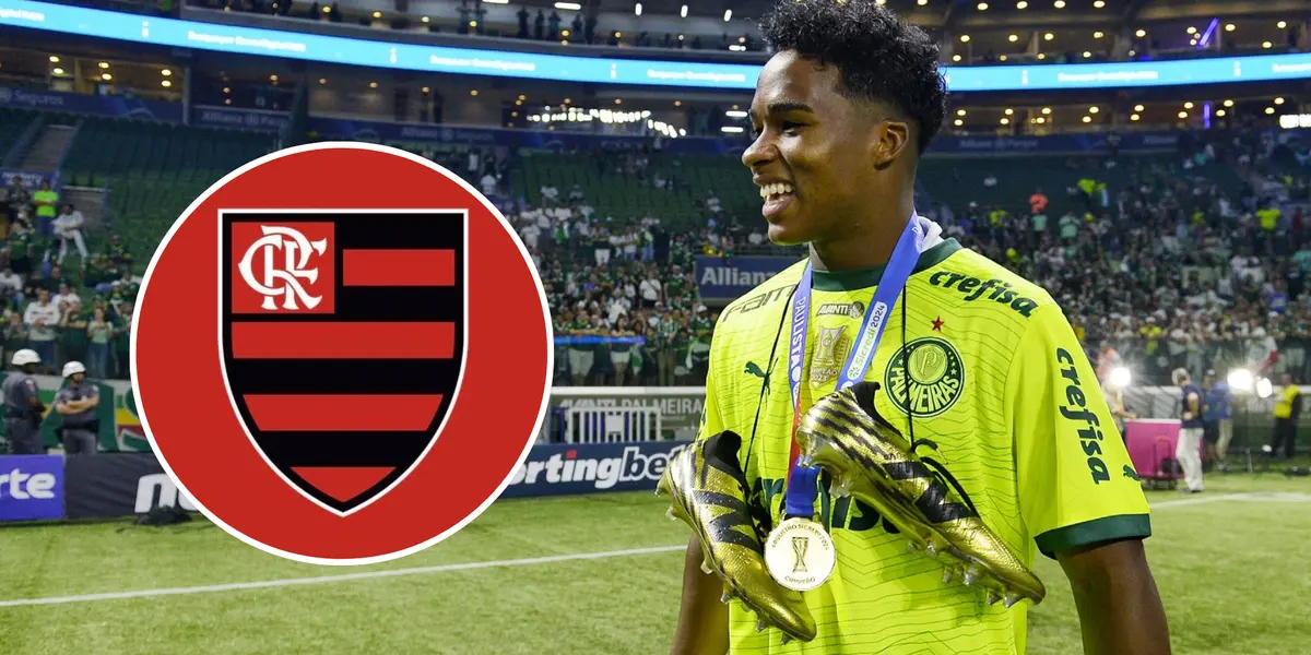 Endrick na final do Paulistão 2024 e ao lado o escudo do Flamengo