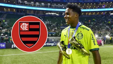 Endrick na final do Paulistão 2024 e ao lado o escudo do Flamengo