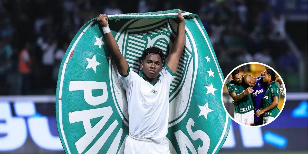 Endrick segurando o escudo do Palmeiras