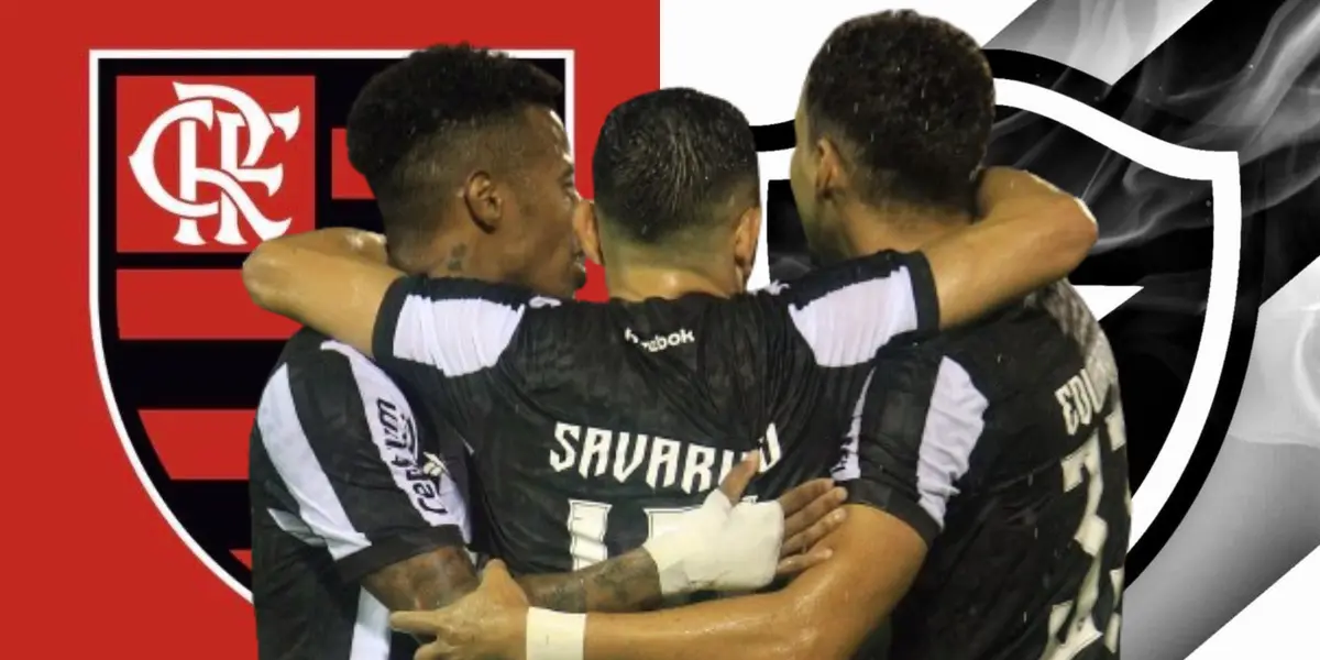Equipe do Botafogo, o escudo do Flamengo e do Botafogo atrás