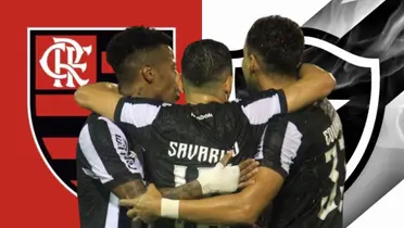 Equipe do Botafogo, o escudo do Flamengo e do Botafogo atrás