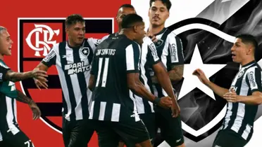 Equipe do Botafogo, o escudo do Flamengo e do Botafogo atrás