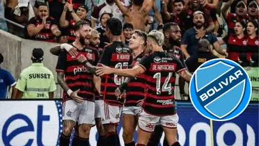 Equipe do Flamengo e ao lado o escudo do Bolívar