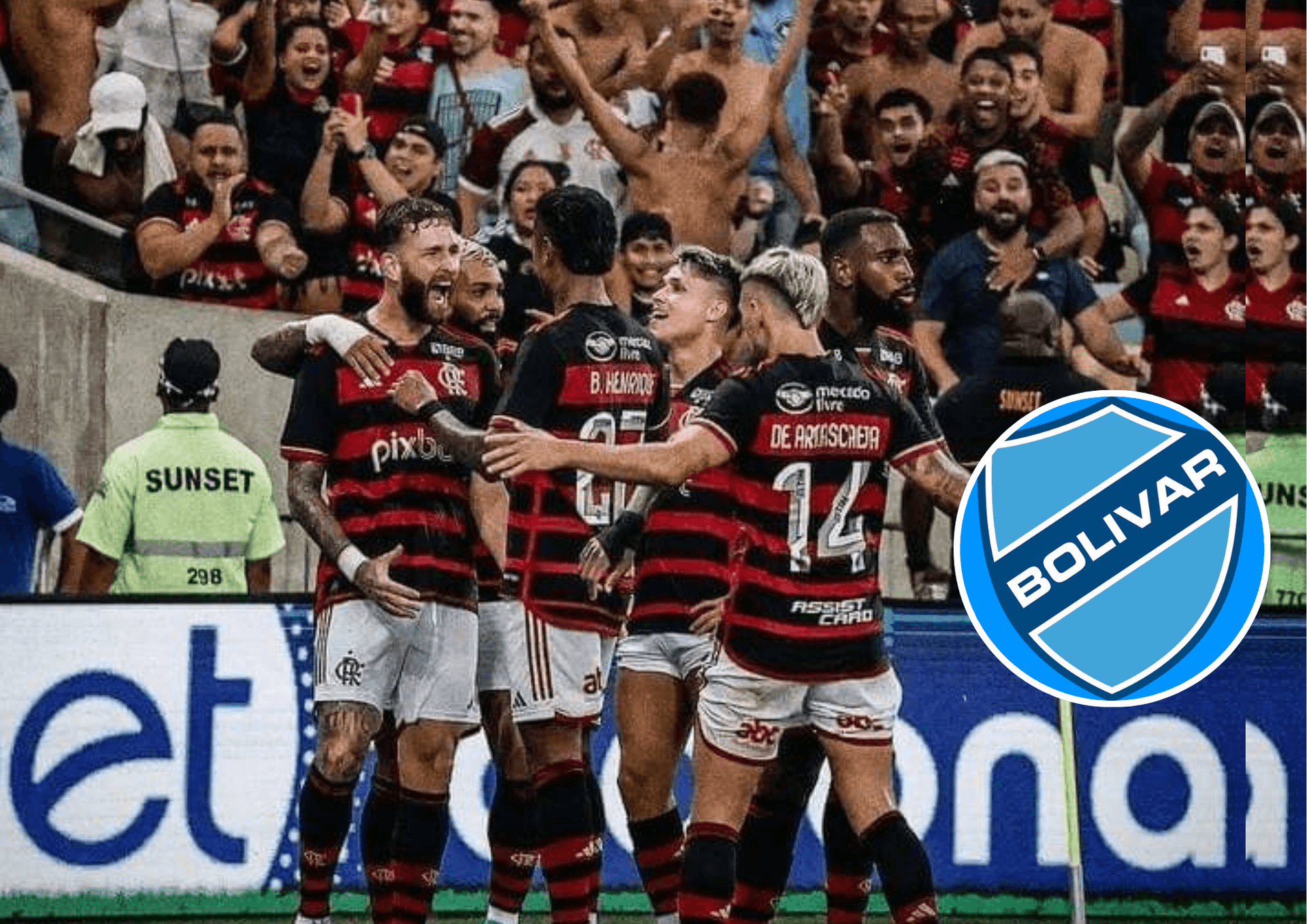 Equipe do Flamengo e ao lado o escudo do Bolívar