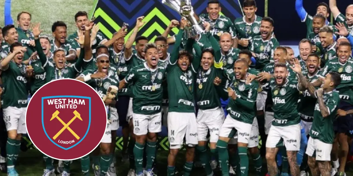 Equipe do Palmeiras comemorando o título do Brasileirão e o escudo do West Ham ao lado