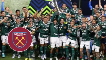 Equipe do Palmeiras comemorando o título do Brasileirão e o escudo do West Ham ao lado