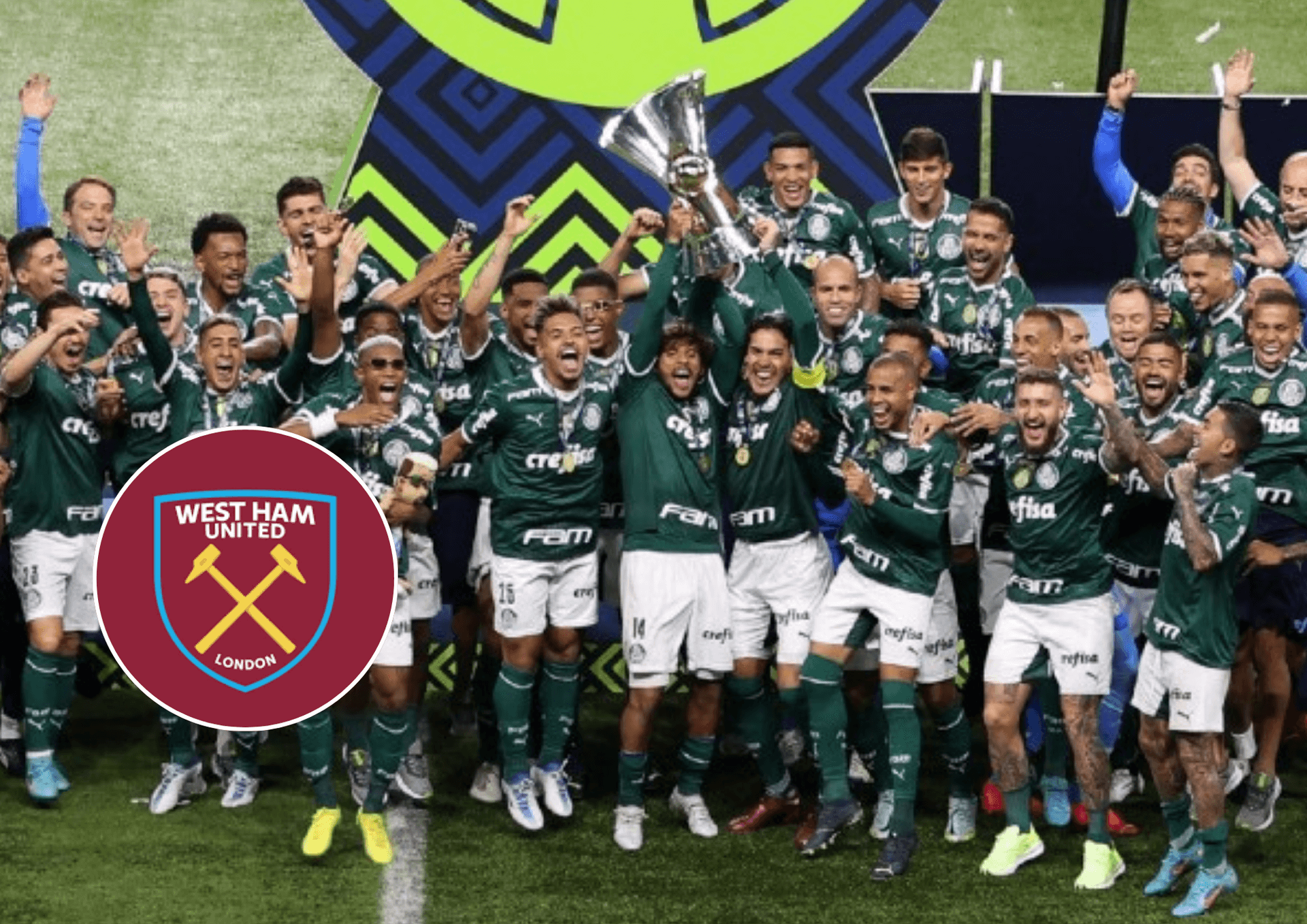 Equipe do Palmeiras comemorando o título do Brasileirão e o escudo do West Ham ao lado