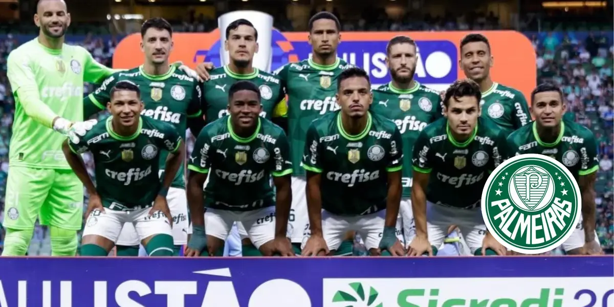 Equipe do Palmeiras no Paulistão de 2023 e o escudo do Palmeiras ao lado