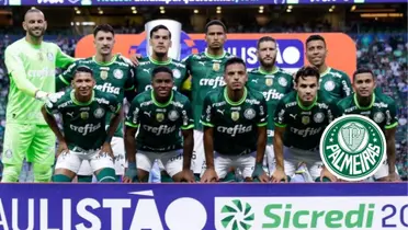 Equipe do Palmeiras no Paulistão de 2023 e o escudo do Palmeiras ao lado